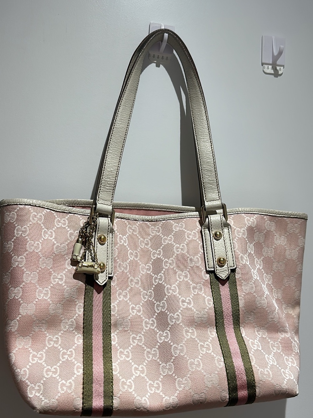 Gucci Pink GG Canvas Tote with Ivory Trim and Green-Pink Web